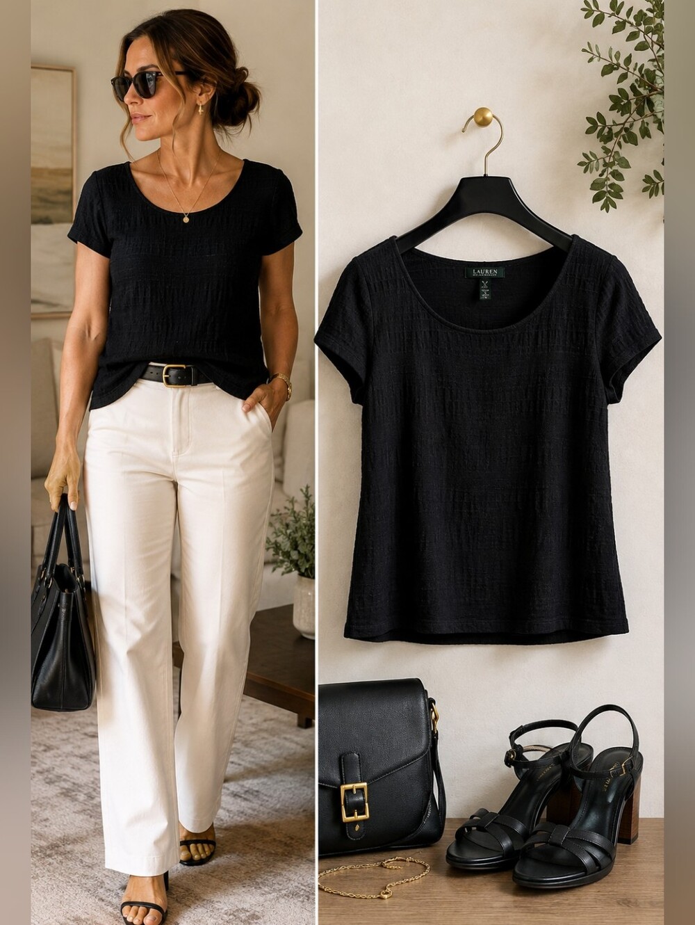 Lauren Ralph Lauren Black Textured Cotton Blend Top XL